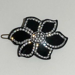 Vintage Leon Guillot Hair Clip, Handmade in France, Rhinestones on Black Flower